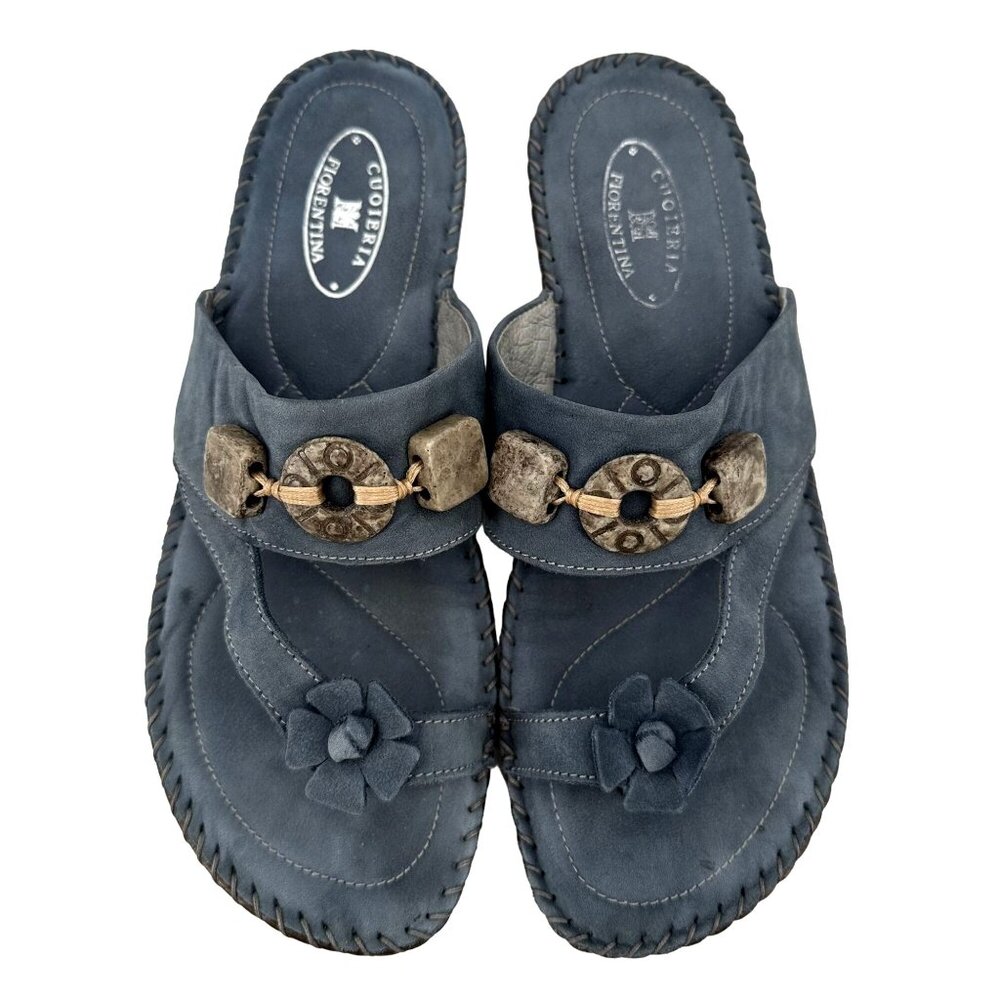 Cuoieria Florentina Womens Blue Suede Beaded Embellished Sandals Size 40/8.5